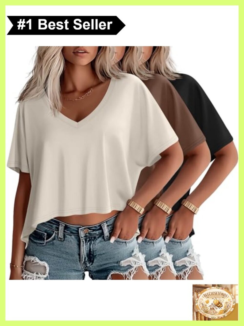 Oversized V Neck Crop Top 3 Pack Boxy Tee Casual Boxy Cropped T-Shirt